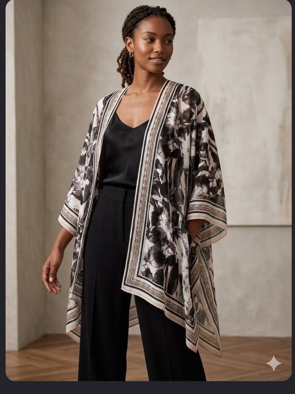 Steve Madden Black, Cream & Gray Floral-Stripe Open Kimono